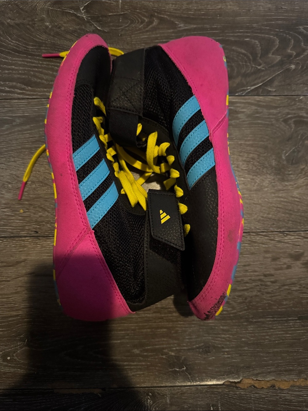 adidas Kids Black Pink wrestling shoes with Blue Stripes and Yellow Laces